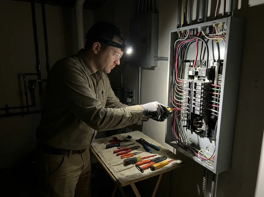 An electrician working by headlamp at an open, installed service panel in a dark utility room at night, tools laid out on a cloth, an after-hours call in progress